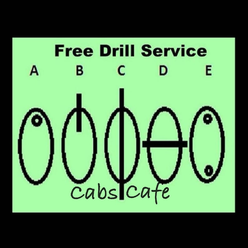 May include: A green background with the text "Free Drill Service" and the letters A through E. Below the text are five black oval shapes with different drill patterns. The text "cabs cafe" is written in cursive at the bottom.