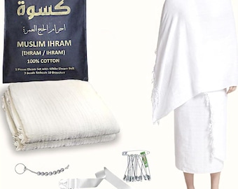 Conjunto de Ihram para Hajj y Umrah / Algodón / Cinturón + Cuentas + Alfileres / Kit completo de peregrinación para hombres / Envío rápido desde EE. UU. / Regalo musulmán