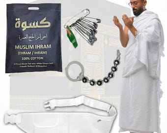 Conjunto de Ihram para Hajj y Umrah / 100% algodón / Vendedor de EE. UU. / Incluye cinturón, rosario y alfileres / Kit de peregrinación para hombres / Envío rápido a EE. UU.