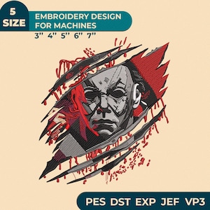 May include: An embroidery design featuring a stylized image of a character with a mask, with red accents and claw marks. The design is for machines and comes in 5 sizes: 3", 4", 5", 6", and 7". The text "EMBROIDERY DESIGN FOR MACHINES" is visible.