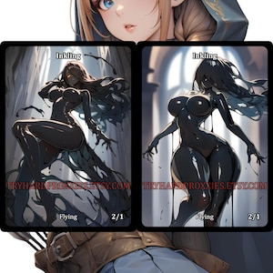 May include: Digital art featuring a fantasy character with pointed ears and blue eyes, above two trading card illustrations. The cards depict dark figures with the text "Inkling", "Flying", and "2/1". The Etsy shop URL is visible.