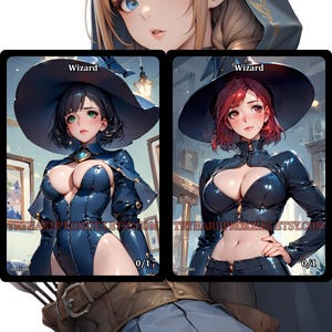May include: Digital art featuring three anime-style female characters. The top character is a blonde elf with blue eyes. Below are two cards with the word "Wizard" on them. The cards depict women in dark blue outfits and witch hats. The Etsy shop name is visible.