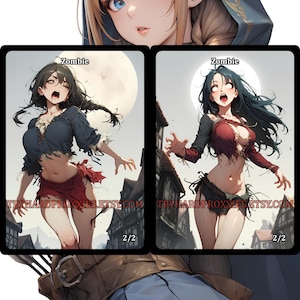 May include: Digital art featuring a fantasy character with pointed ears and blue eyes, above two illustrations of zombie-like figures. The illustrations are labeled "Zombie" and have the text "TRYHARDPROXXIES.ETSY.COM 2/2".