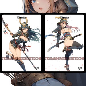 May include: Digital art print featuring a fantasy warrior with blue eyes and long ears. The image includes two panels of a warrior in armor, holding weapons. The text "Warrior" and a website address are visible.