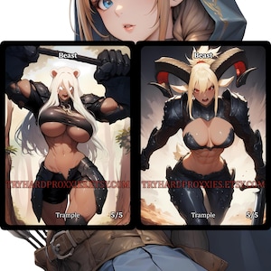 May include: Digital art featuring a fantasy theme. The image includes a portrait of a woman with pointed ears and blue eyes, and two illustrations of armored figures labeled "Beast" and "Trample". The Etsy shop URL is visible.