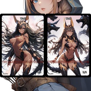 May include: Two fantasy art trading cards featuring a woman with wolf ears and a black and gold outfit. The cards have the word "Wolf" at the top and the text "TRYHARDPROXXIES.ETSY.COM" at the bottom. The cards are labeled "2/2".
