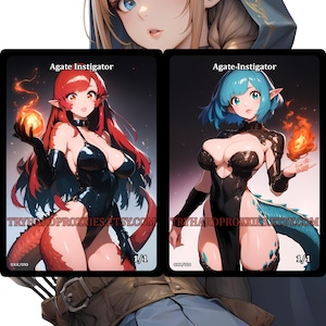May include: Two fantasy art cards featuring female characters with elf-like features. One card shows a woman with red hair and a fiery orb, the other with blue hair and a similar orb. The text "Agate Instigator" is displayed on each card.