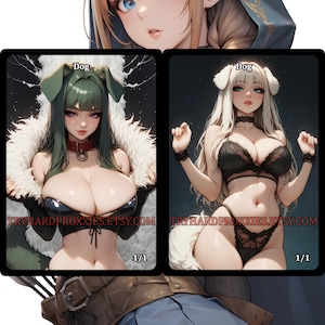 May include: Digital art featuring two anime-style characters with dog-themed ears. One has green hair and a red collar, the other has white hair and a black choker. Both are in lingerie. The text "TRYHARDPROXXIES.ETSY.COM" is visible.