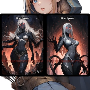 May include: Digital art featuring a fantasy character with pointed ears and blue eyes, and two illustrations of a dark-skinned figure with white hair and red eyes, labeled "Elder Spawn". The Etsy shop URL is visible.