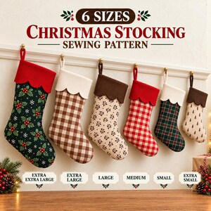 Peut inclure: Un patron de couture pour chaussettes de Noël présentant 6 tailles, de Extra Extra Large à Extra Small. Six chaussettes sont suspendues, arborant divers motifs en tissu comme du houx, du vichy et des flocons avec des revers festonnés.