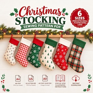 Puede incluir: Un patrón de costura digital para seis tamaños de calcetines navideños, desde extra pequeño hasta extra grande. La imagen muestra seis calcetines colgantes con varios patrones, incluyendo cuadros vichy rojos y blancos, verde con copos de nieve y tartán rojo.