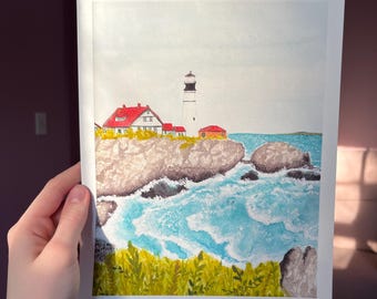 Portland Head Light Watercolor Print 8x10 | Maine Lighthouse Art