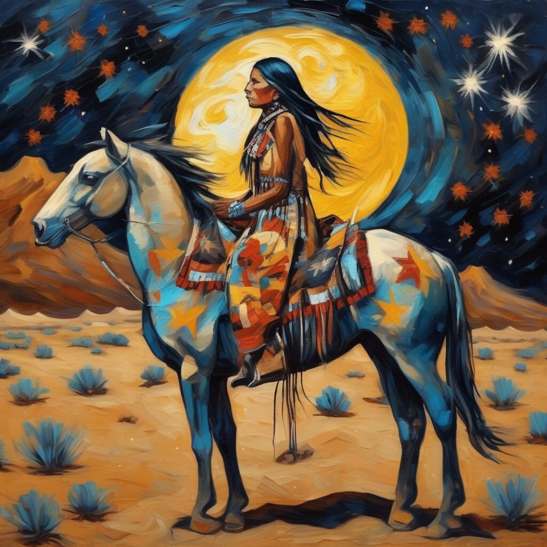 Full Moon. Native American Woman on the Horse. Printable Wall Art