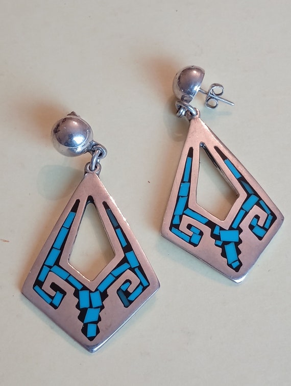 Mexican Taxco Silver Large Earrings with Turquois… - image 2
