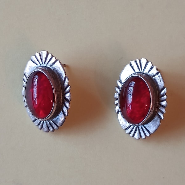 Native American Navajo Nakai Silver Button Earrings with red resin