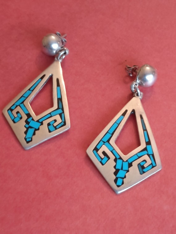 Mexican Taxco Silver Large Earrings with Turquois… - image 1