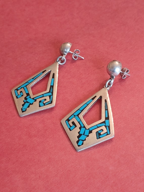 Mexican Taxco Silver Large Earrings with Turquois… - image 3