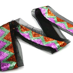 Black Mesh Sequin Trim | Pink, Green, Orange ZigZag Shimmer | 3m / 5m / 10m
