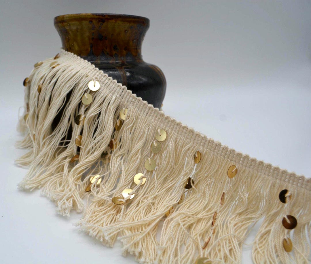 Cotton Ivory Fringe Trim With Gold Sequins | Decorative Edging for ...