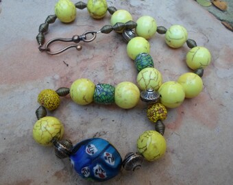 Vintage Art Beads and Yellow Howlite Necklace Necklace