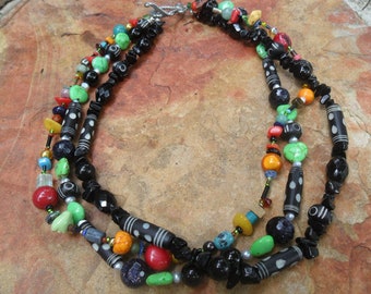 Fiesta Style Black Agate with Bright Colored Beads Necklace