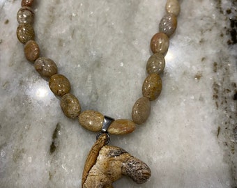 Fossil Coral Beads with a Horse Head Pendant Necklace