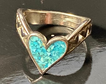 Heart Shaped Silver Ring with with Inlay-ed Turquoise