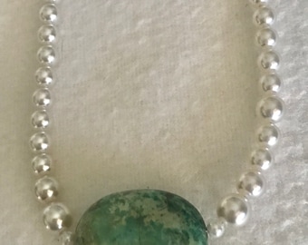 Turquoise and White Pearl handmade Choker Necklace