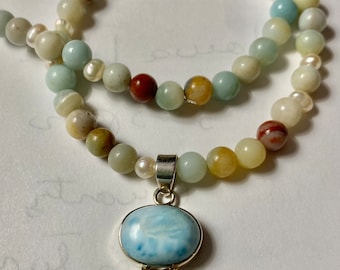 Pendant Necklace of Natural Amazonite beads and silver Laminar Pendant