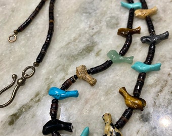 Zuni Design Long Necklace of Black Heishi shell and semi Precious Birds