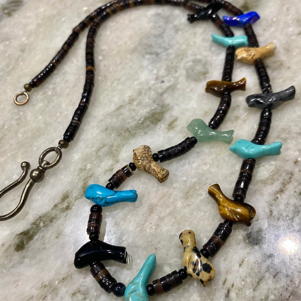 Zuni Design Long Necklace of Black Heishi shell and semi Precious Birds