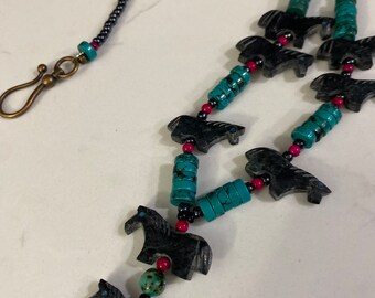 Native American Turquoise Heishi beads and Fetish Horse Necklace