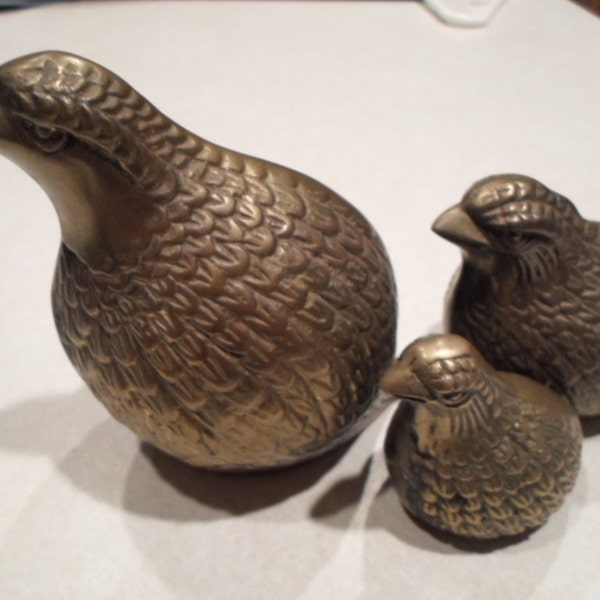 Vintage Three Piece Brass Pheasant Quail Figurine Set