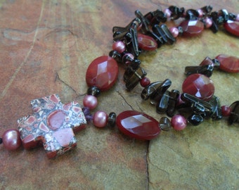 Gorgeous Red Jasper and smoky Quartz  Necklace