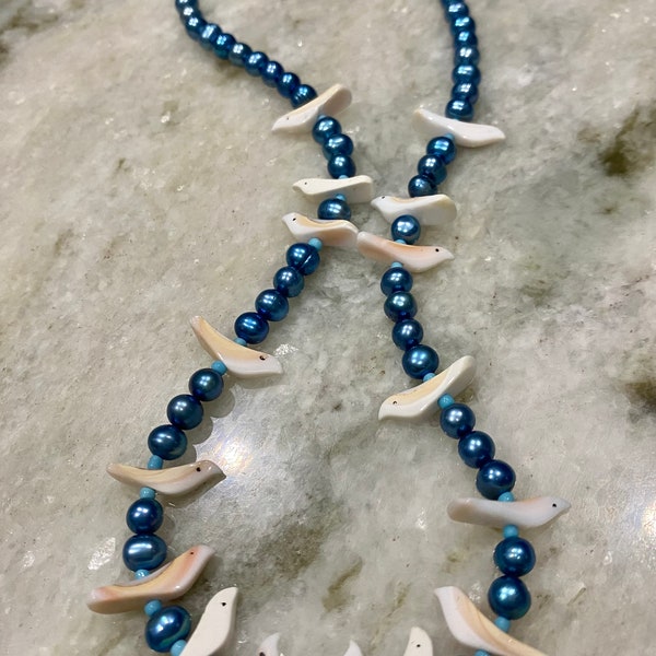 Blue Cultured Pearls and White Zuni Fetish Birds necklace