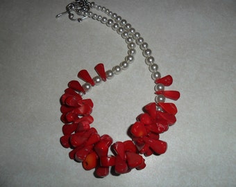 Red Coral and White Pearl Handmade Necklace