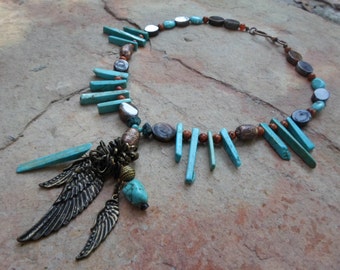 Southwest Mystical Feather Wings Pendant and Turquoise Handmade Necklace