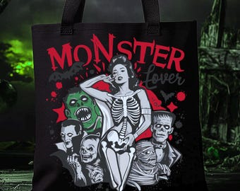 Monster Lover Canvas Tote Bag – Retro Pin-Up, Horror Fan Gift
