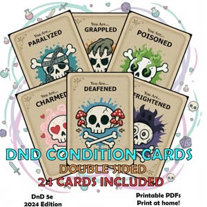 Könnte beinhalten: Ein Satz D&D-Zustandskarten mit verschiedenen Schädelillustrationen, die verschiedene Zustände wie "Gelähmt" und "Vergiftet" darstellen. Die Karten sind doppelseitig und enthalten 24 Karten. Auf den Karten steht "DND CONDITION CARDS" und "24 CARDS INCLUDED".