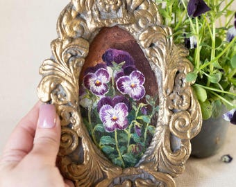 Mini cuadro al óleo original, pequeño cuadro floral enmarcado, pintura de flores pintada a mano, marco de estilo vintage, decoración de pared en miniatura