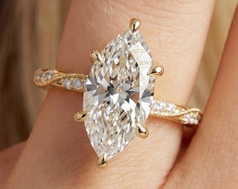 Anillo de compromiso con diamantes cultivados en laboratorio de 2,40 quilates, talla marquesa, brillo pavé vintage, con certificación IGI
