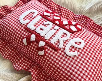 Custom Name Candy Cane Pillow, Red Gingham Ruffle Cushion, First Christmas Gift & Holiday Home Decor, Baby Girl Christmas Gift, Xmas Gift