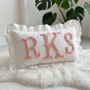 Custom Monogrammed Punch Needle Ruffled Pillow, College Dorm Decor, Initial Pillow, Graduation Gift for Her, Embroidered Preppy Room Decor