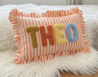 Custom Name Baby Boy Striped Ruffle Pillow, Personalized Punch Needle Nursery Decor, Unique Newborn Shower Gift