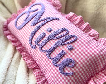 Custom Name Pink Gingham Ruffle Pillow, College Girl Room Decor, Ruffle Throw Pillow, Preppy Graduation Gift, Personalized Newborn Gift