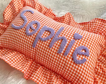 Personalized Gingham Ruffle Pillow, Custom Baby Name Cushion, Handmade Nursery Decor, Baby Girl Bedroom & Shower Gift Baby Name Pillow