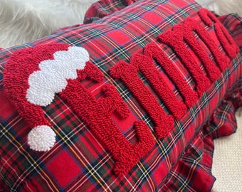 Personalized Kids Santa Hat Pillow, Holly Jolly Name Pillow, Custom Xmas Pillow, Festive Pillow Gift, Red Gingham Ruffle Holiday Decor Gift