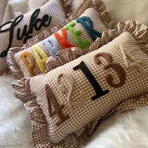 May include: Several rectangular throw pillows with a brown and white gingham pattern. One pillow has the name "Luke" embroidered in black. Other pillows have colorful embroidered names and numbers.