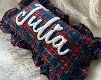 Personalized Baby Girl Name Pillow, Christmas Nursery Decor, Preppy Ruffle Cushion, Toddler Xmas Room Accent, Custom Holiday Gift for Kids