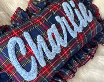 Custom Baby Boy Name Pillow, Christmas Gift, Nursery Decor, Xmas Ruffle Cushion, Festive Holiday Gift, Personalized Gift for Newborn Room